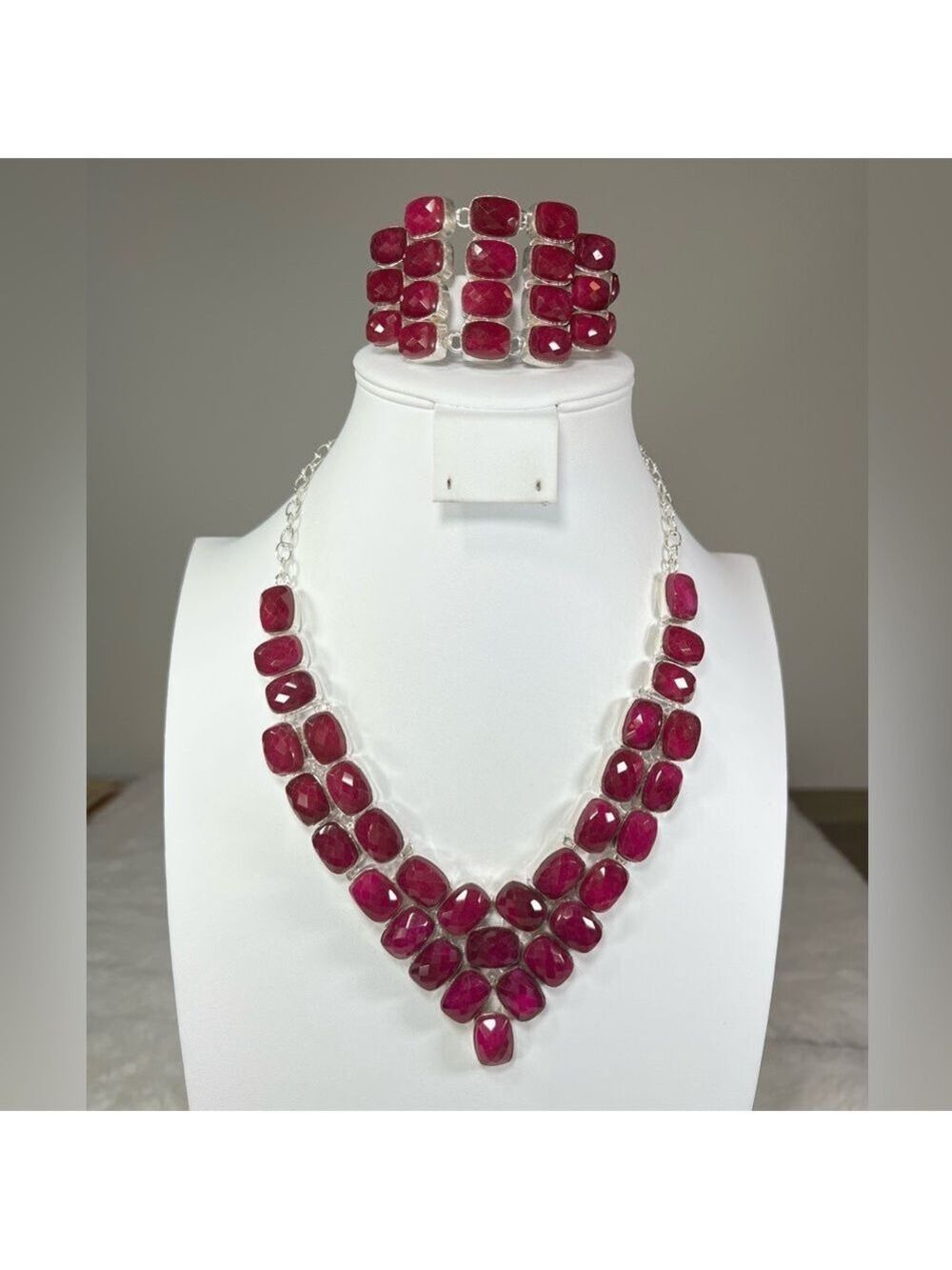 Faceted Ruby 925 Synthetic Gemstone Large Necklace & Bracelet Set